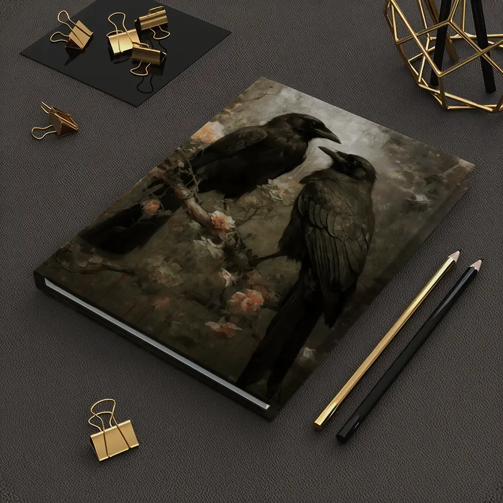 Two Ravens Perched Dark Floral Background – Notebooks