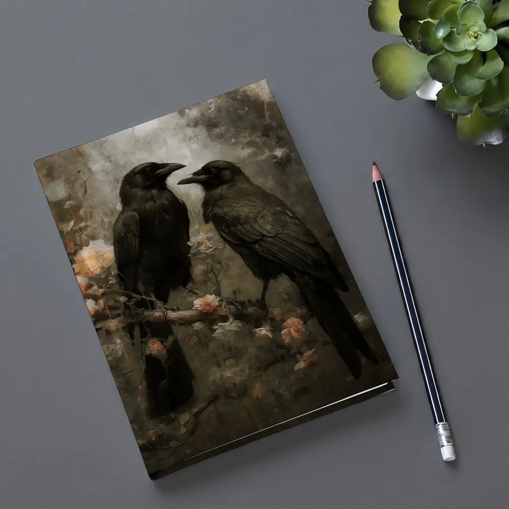 Two Ravens Perched Dark Floral Background – Notebooks