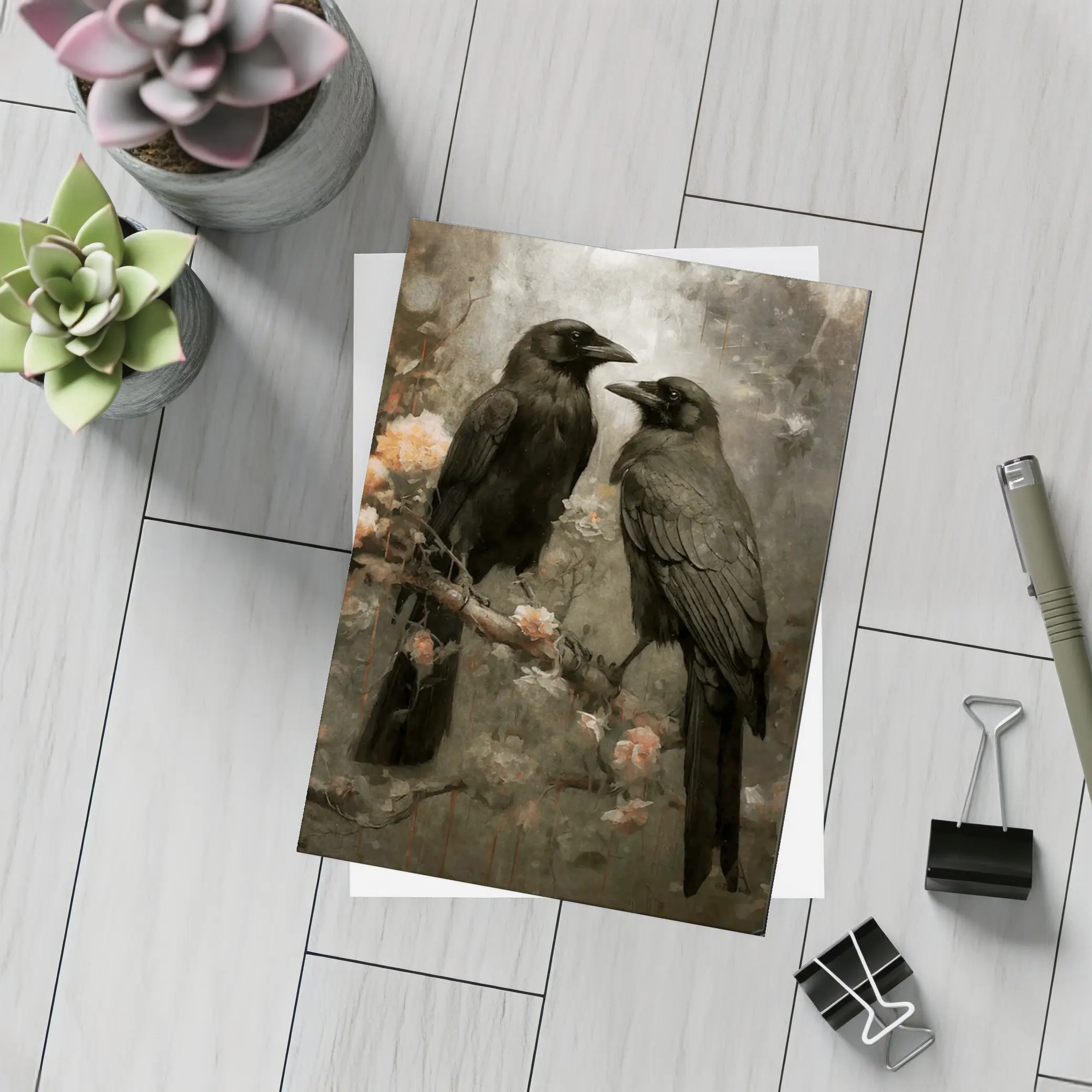 Two Ravens Perched Dark Floral Background – Postcards