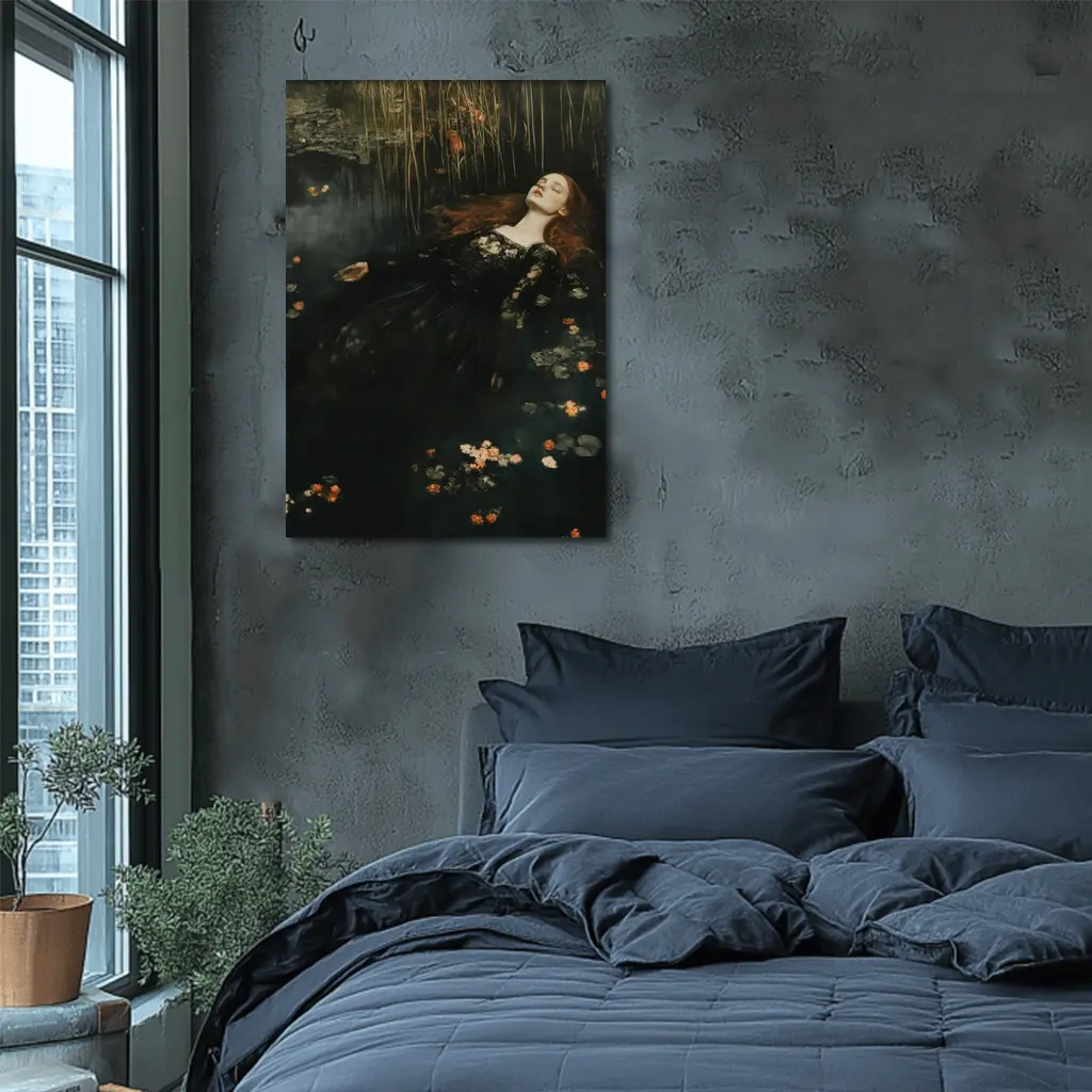 Red Haired Woman Floating Dark Water Flowers – Wall Art