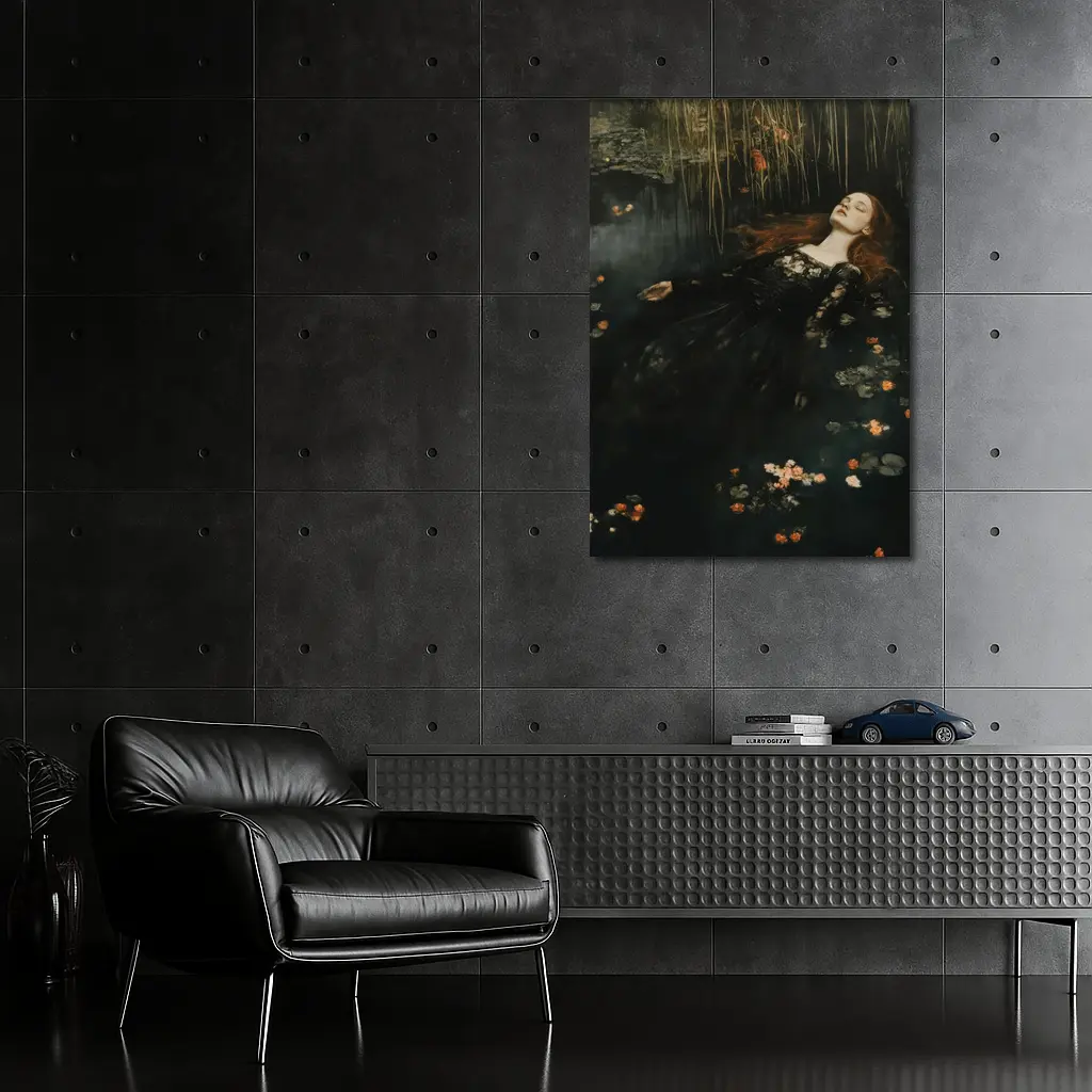 Red Haired Woman Floating Dark Water Flowers – Wall Art