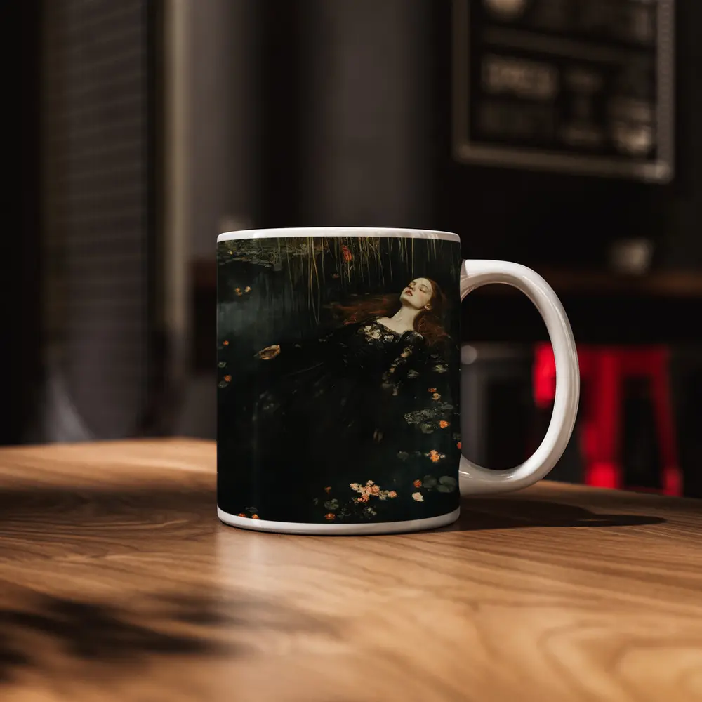 Red Haired Woman Floating Dark Water Flowers – Mugs