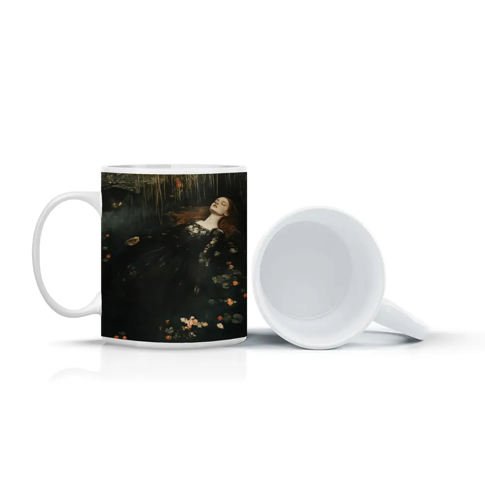Red Haired Woman Floating Dark Water Flowers – Mugs