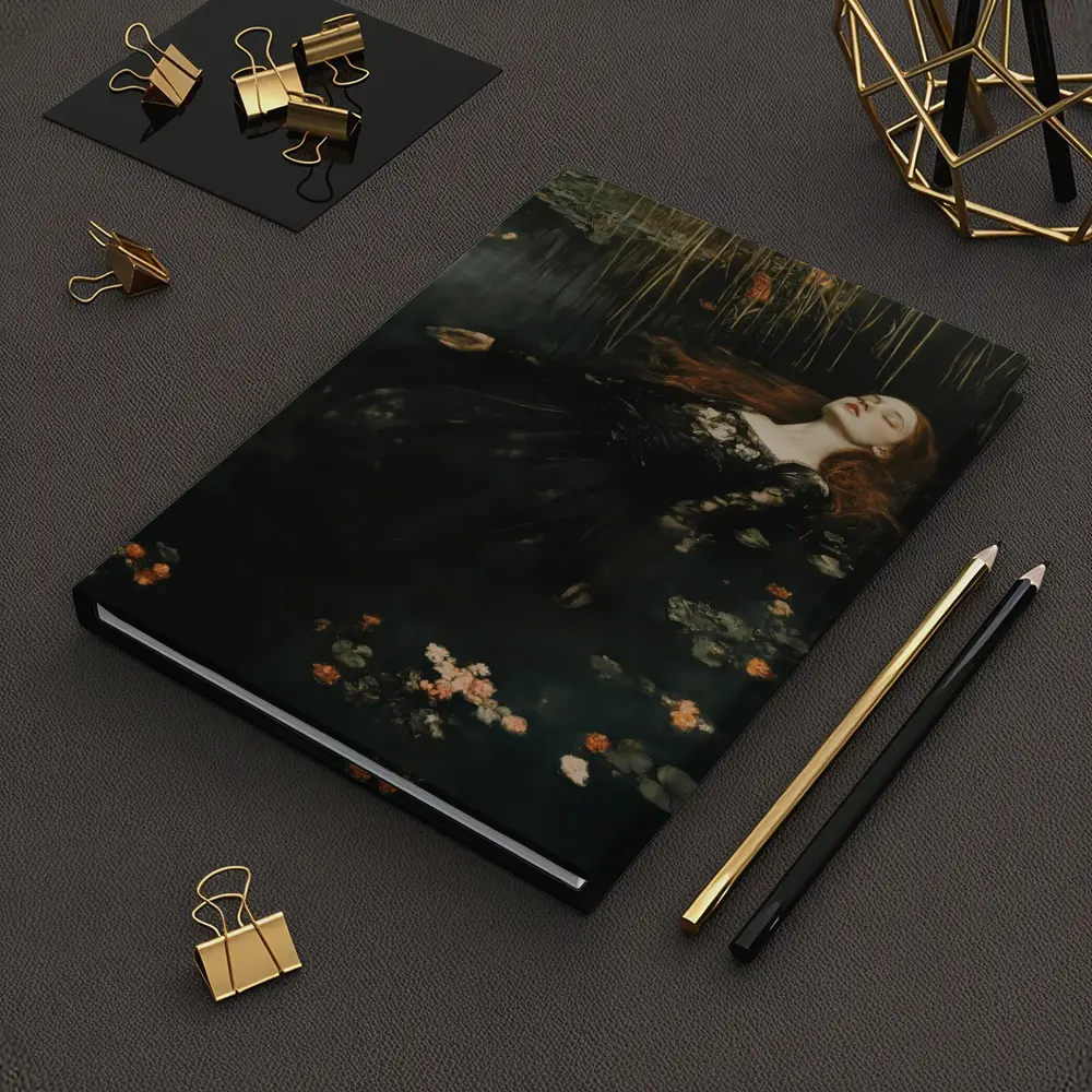 Red Haired Woman Floating Dark Water Flowers – Notebooks
