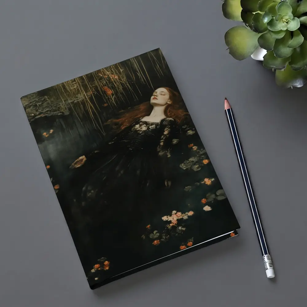 Red Haired Woman Floating Dark Water Flowers – Notebooks
