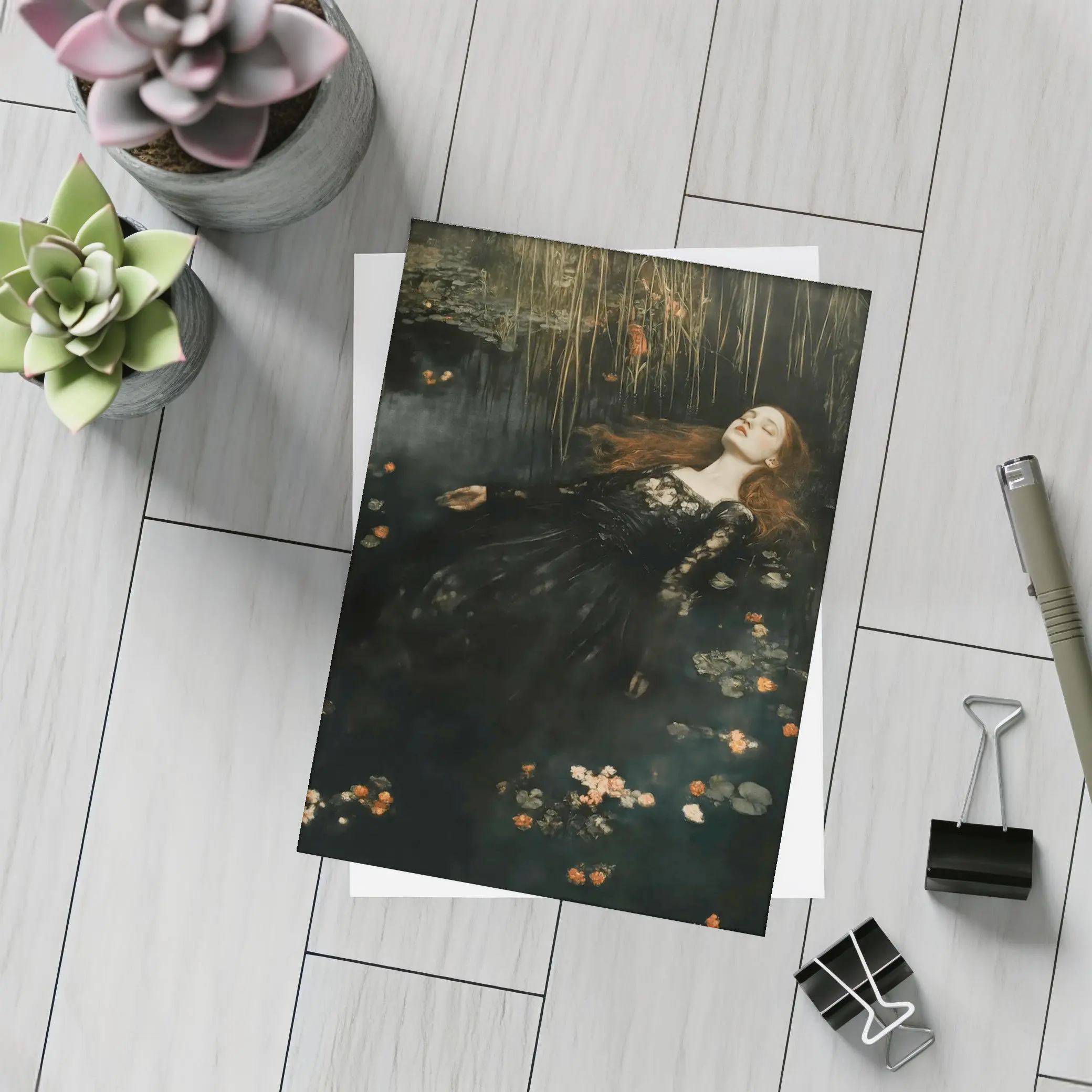 Red Haired Woman Floating Dark Water Flowers – Postcards