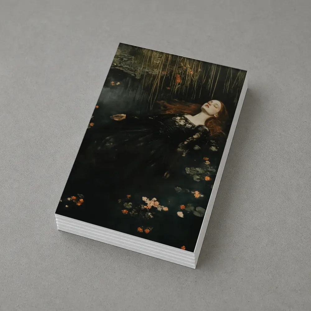 Red Haired Woman Floating Dark Water Flowers – Postcards