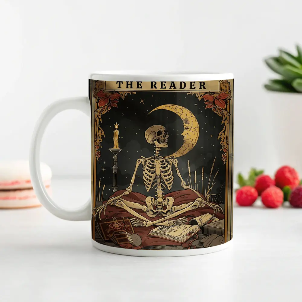 Skeleton Reader Tarot Card Crescent Moon Night – Mugs