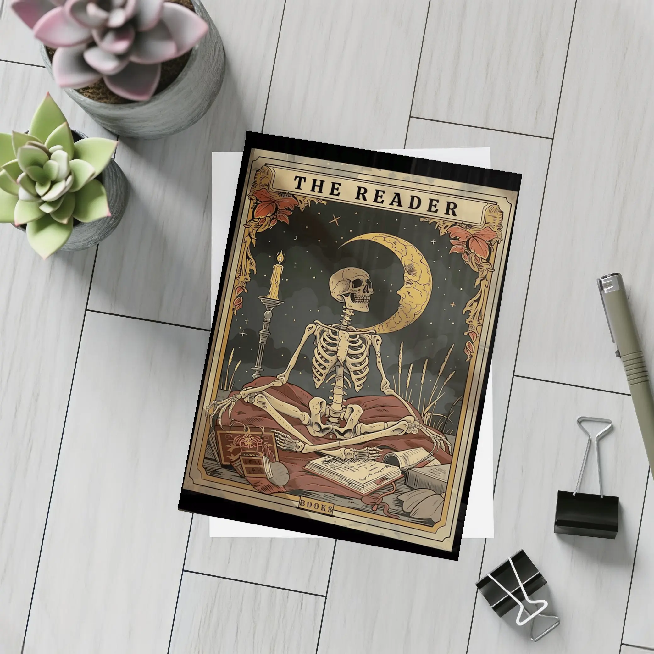 Skeleton Reader Tarot Card Crescent Moon Night – Postcards