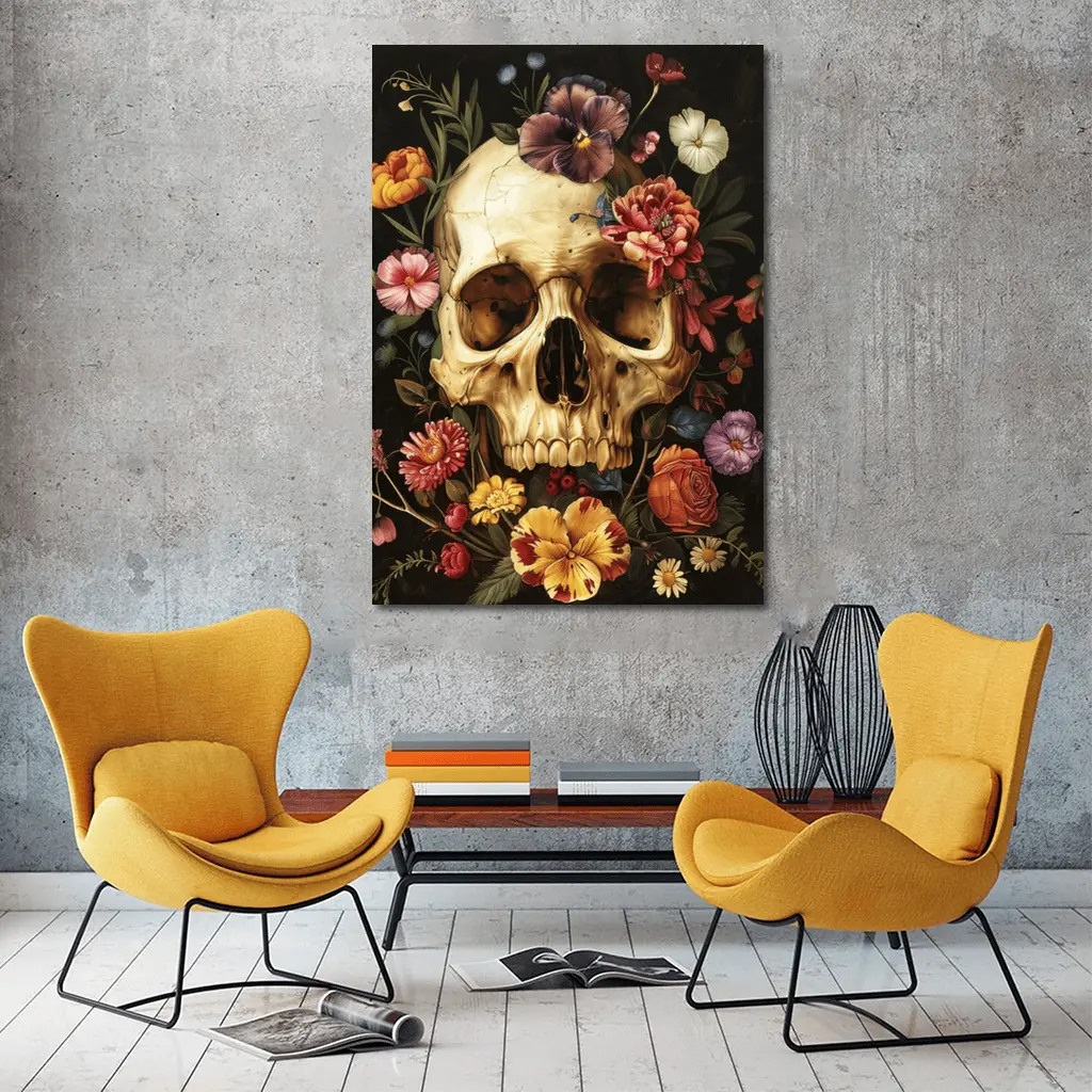 Skull With Colorful Flowers Dark Background – Wall Art