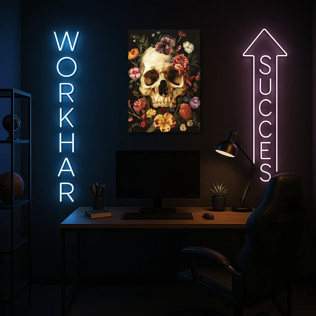 Skull With Colorful Flowers Dark Background – Wall Art