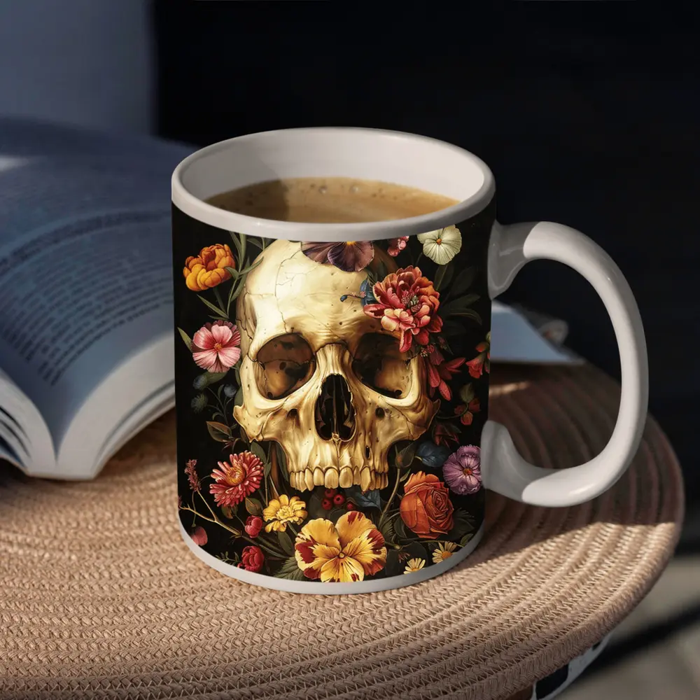 Skull With Colorful Flowers Dark Background – Mugs