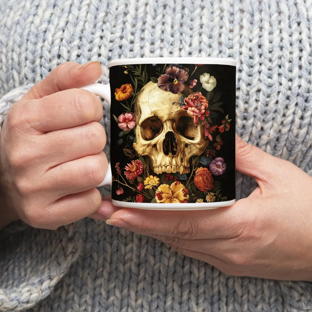 Skull With Colorful Flowers Dark Background – Mugs
