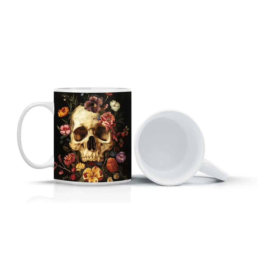 Skull With Colorful Flowers Dark Background – Mugs
