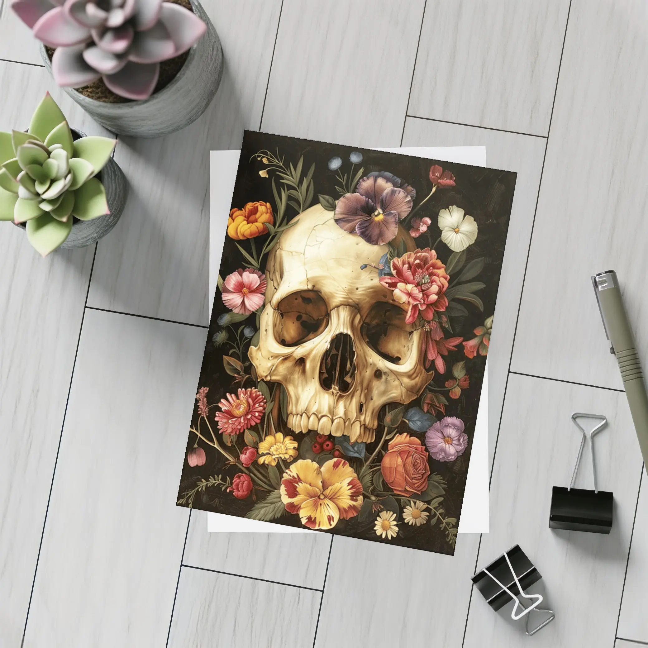 Skull With Colorful Flowers Dark Background – Postcards