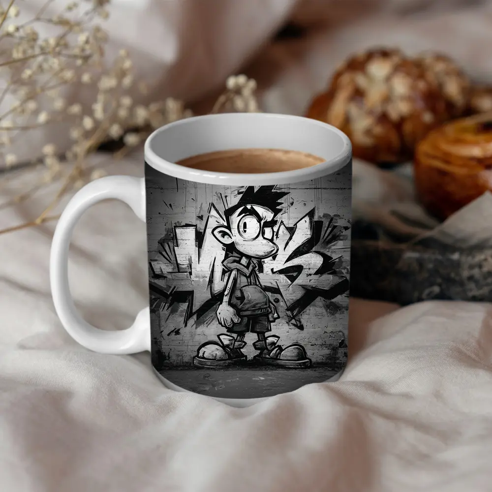 Graffiti Street Art Boy Black White Wall – Mugs