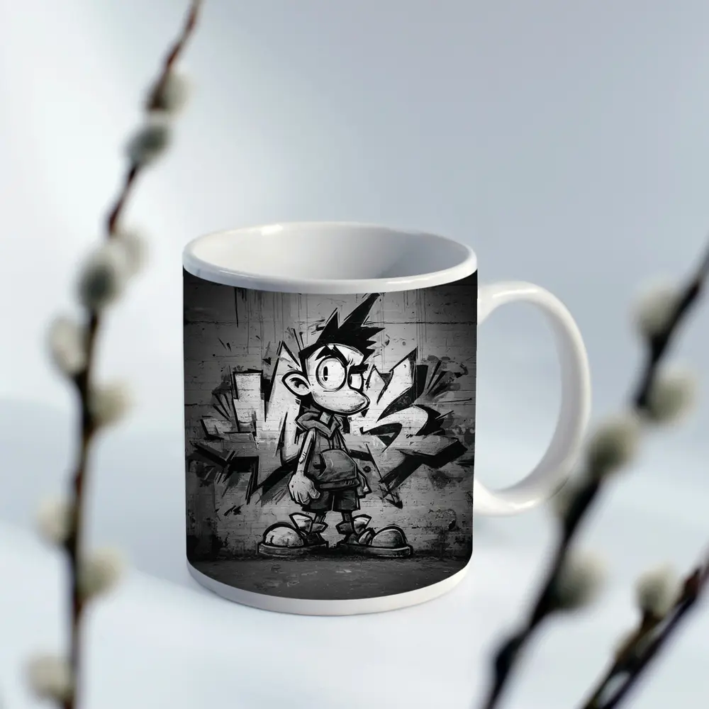 Graffiti Street Art Boy Black White Wall – Mugs