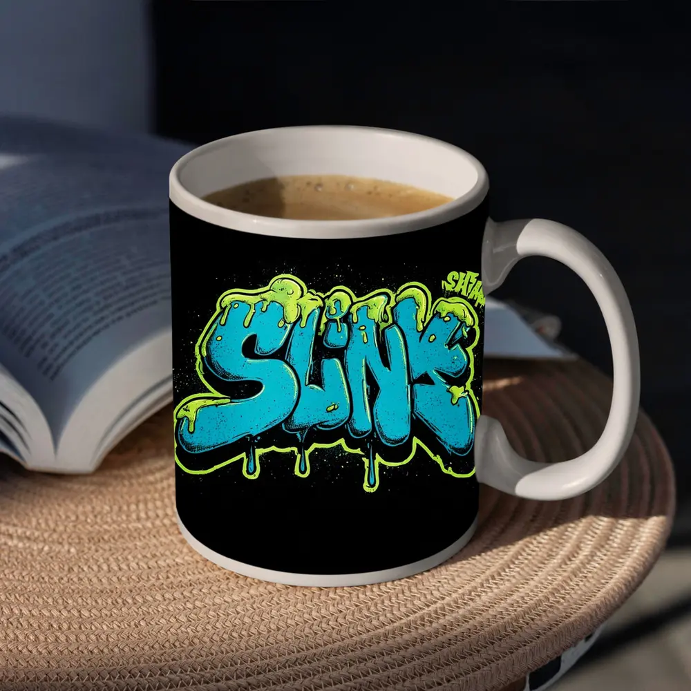 Slink Graffiti Slime Typography Black Background – Mugs