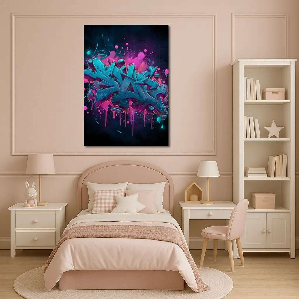 Teal Graffiti Letters Pink Splash Dark Background – Wall Art