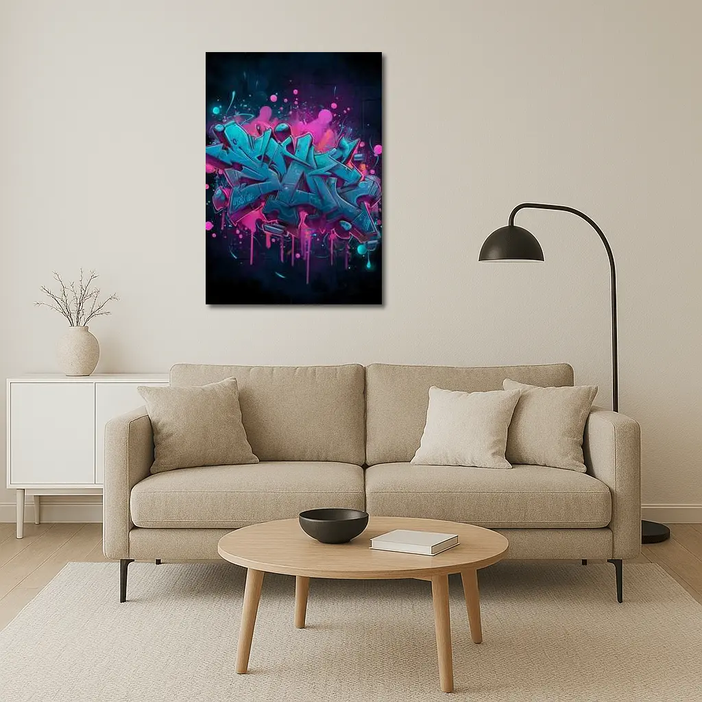 Teal Graffiti Letters Pink Splash Dark Background – Wall Art