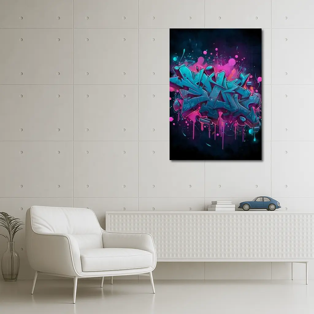 Teal Graffiti Letters Pink Splash Dark Background – Wall Art