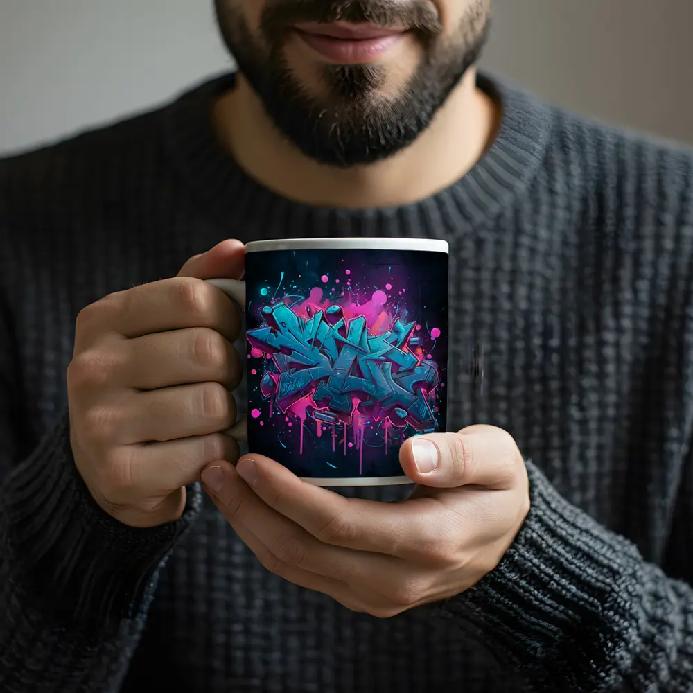 Teal Graffiti Letters Pink Splash Dark Background – Mugs