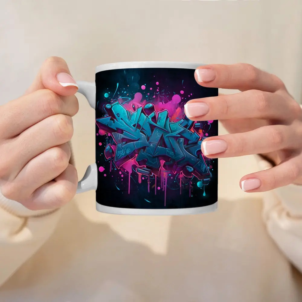 Teal Graffiti Letters Pink Splash Dark Background – Mugs