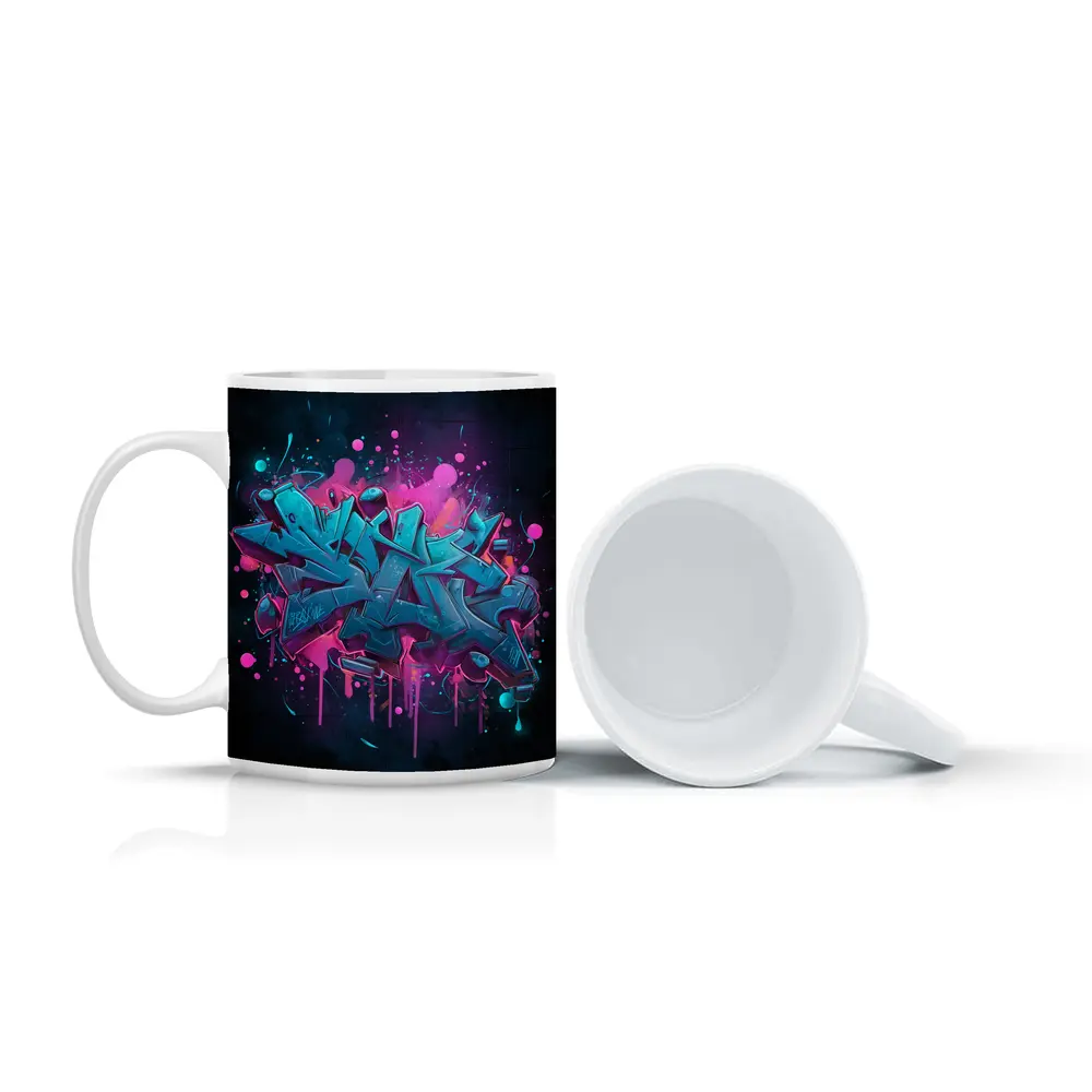 Teal Graffiti Letters Pink Splash Dark Background – Mugs
