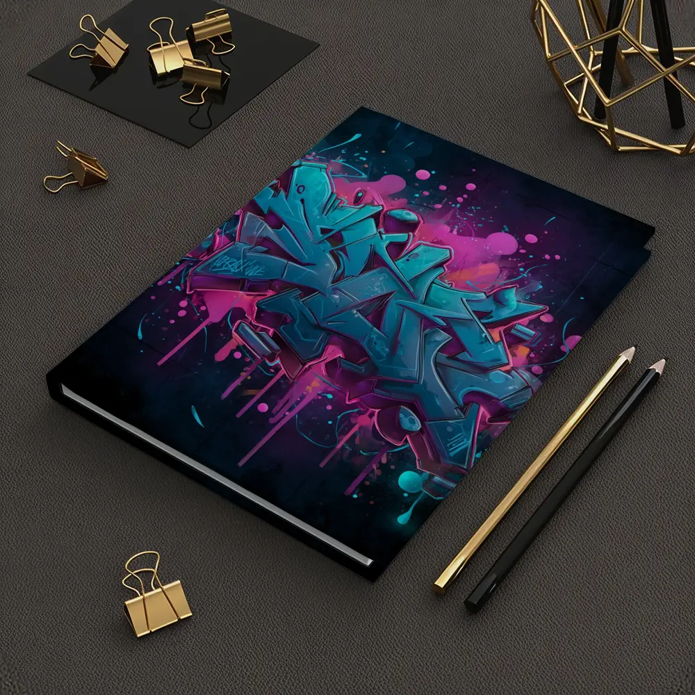 Teal Graffiti Letters Pink Splash Dark Background – Notebooks