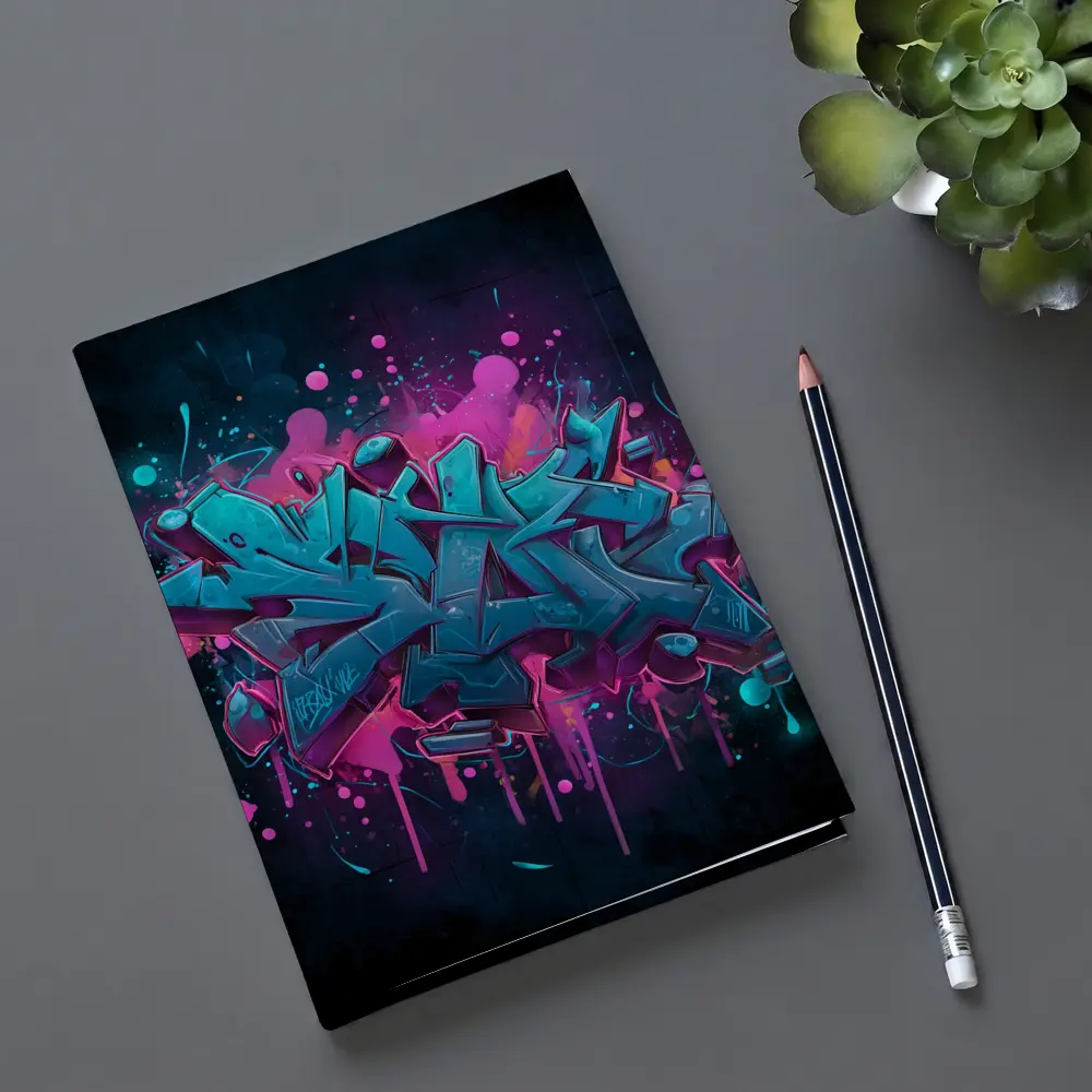 Teal Graffiti Letters Pink Splash Dark Background – Notebooks