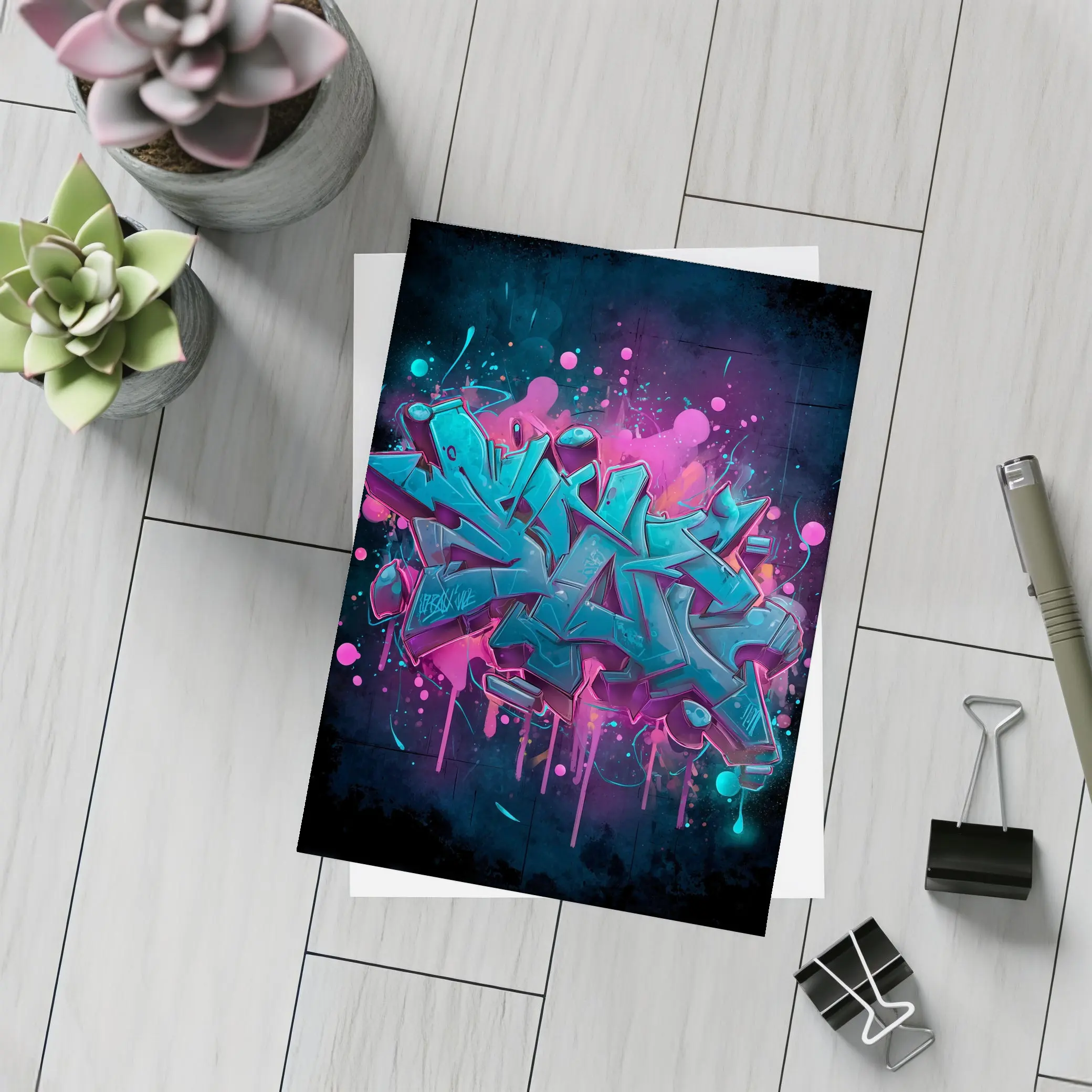 Teal Graffiti Letters Pink Splash Dark Background – Postcards