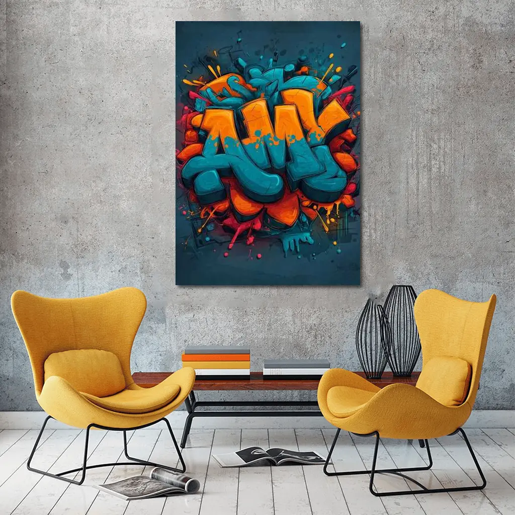 Bold Graffiti Art Teal Orange Urban Style – Wall Art