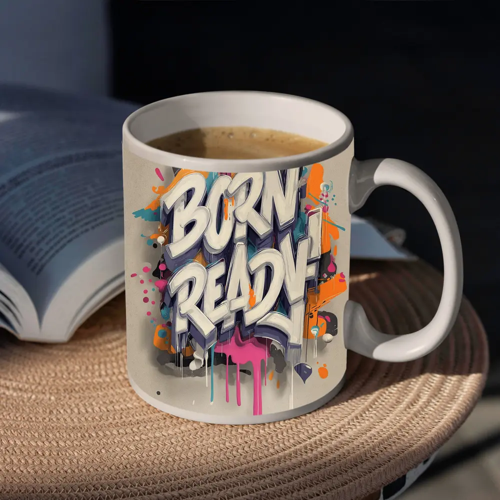 Born Ready Graffiti Street Art Beige Background – Mugs
