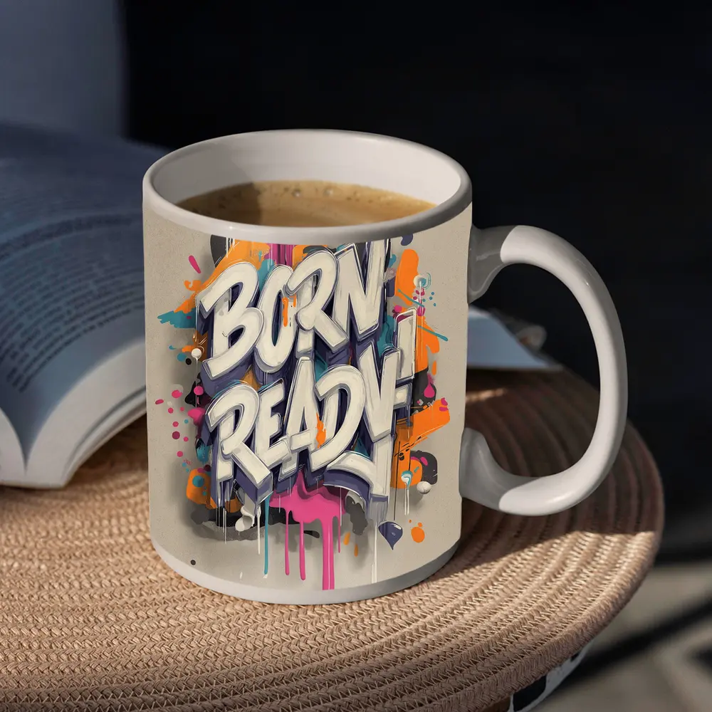 Born Ready Graffiti Street Art Beige Background – Mugs
