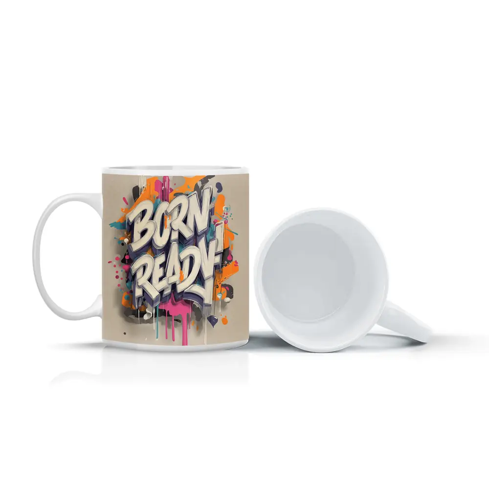 Born Ready Graffiti Street Art Beige Background – Mugs