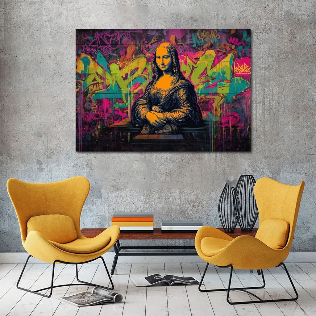 Mona Lisa Graffiti Street Art Neon Background – Wall Art