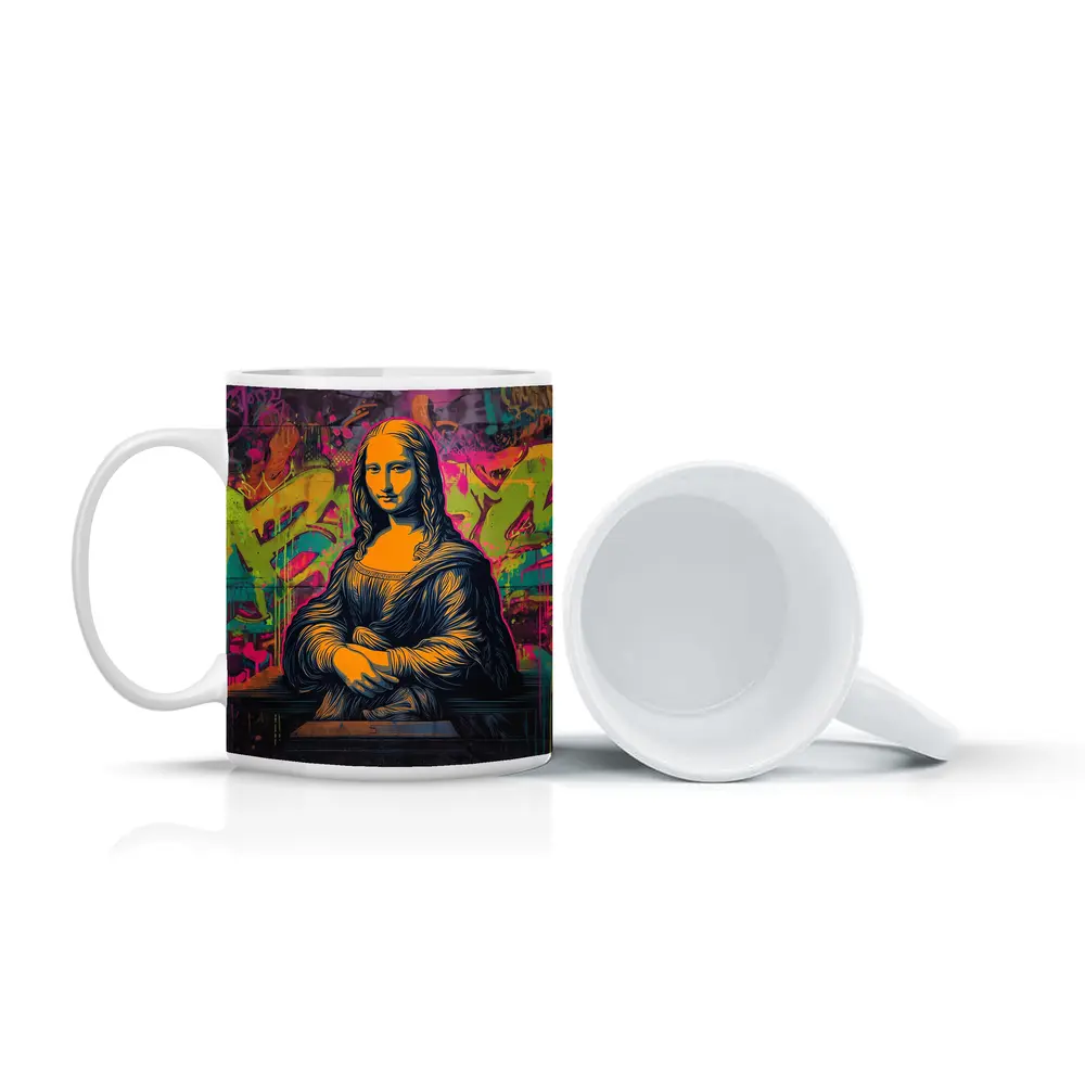 Mona Lisa Graffiti Street Art Neon Background – Mugs