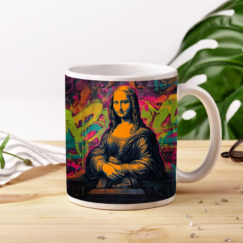 Mona Lisa Graffiti Street Art Neon Background – Mugs