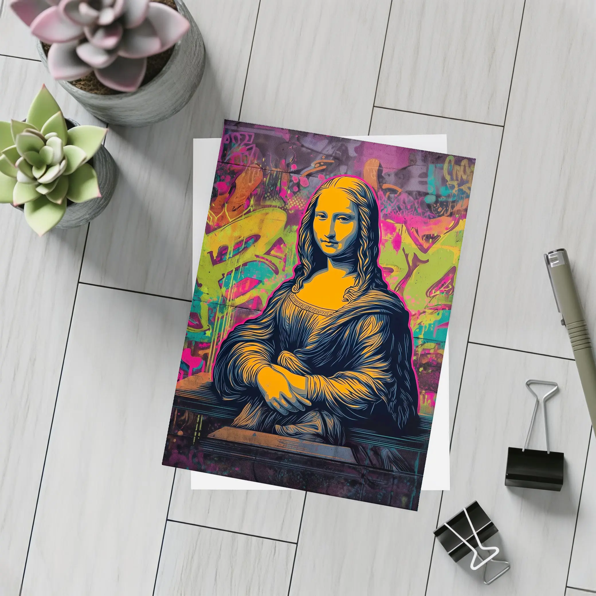 Mona Lisa Graffiti Street Art Neon Background – Postcards