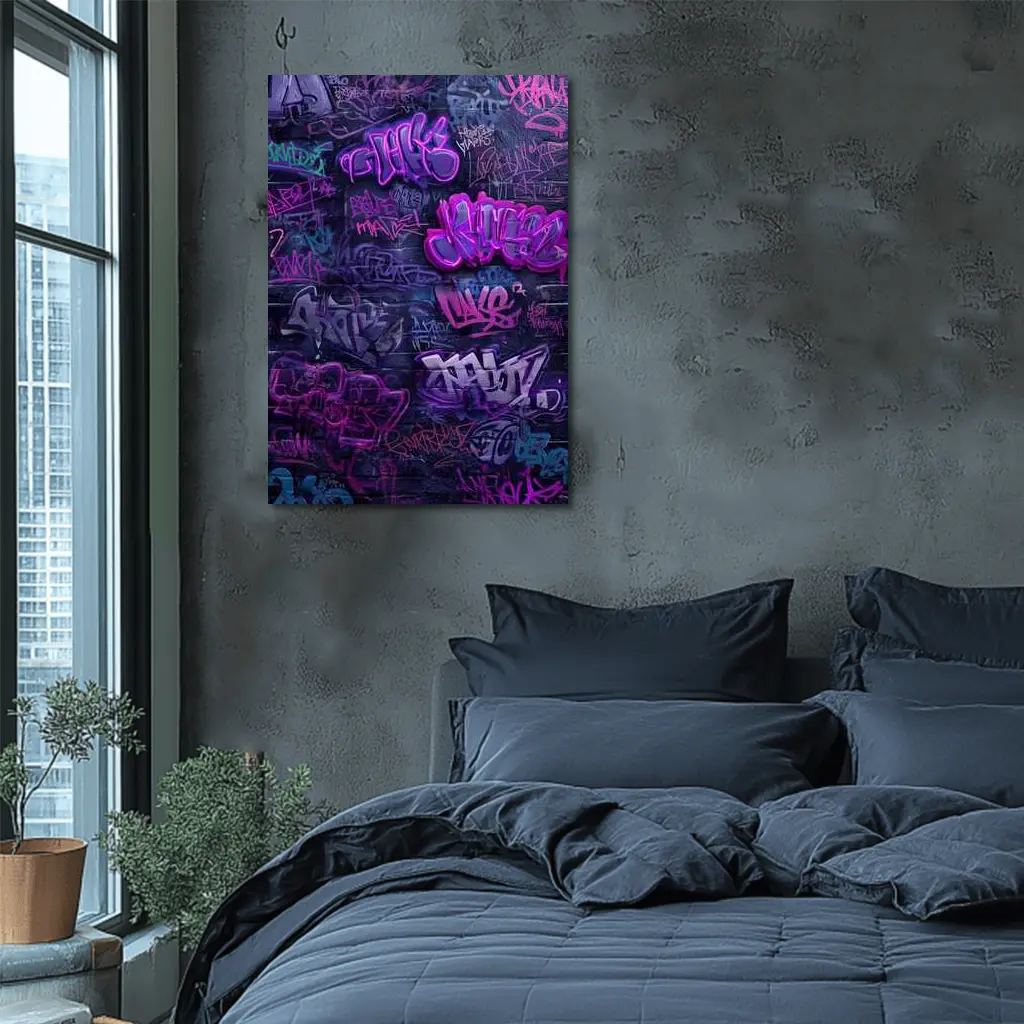 Purple Graffiti Art Dark Urban Brick Wall – Wall Art