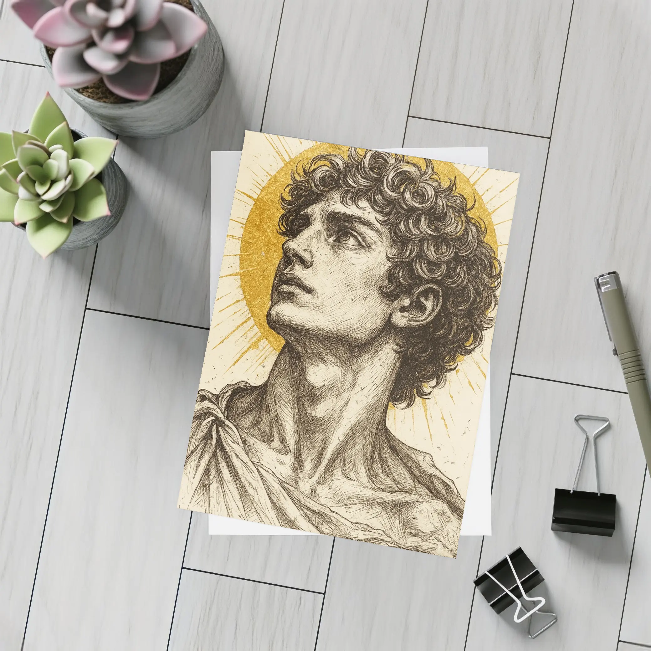 Greek Man Portrait Sketch Gold Halo – Postcards