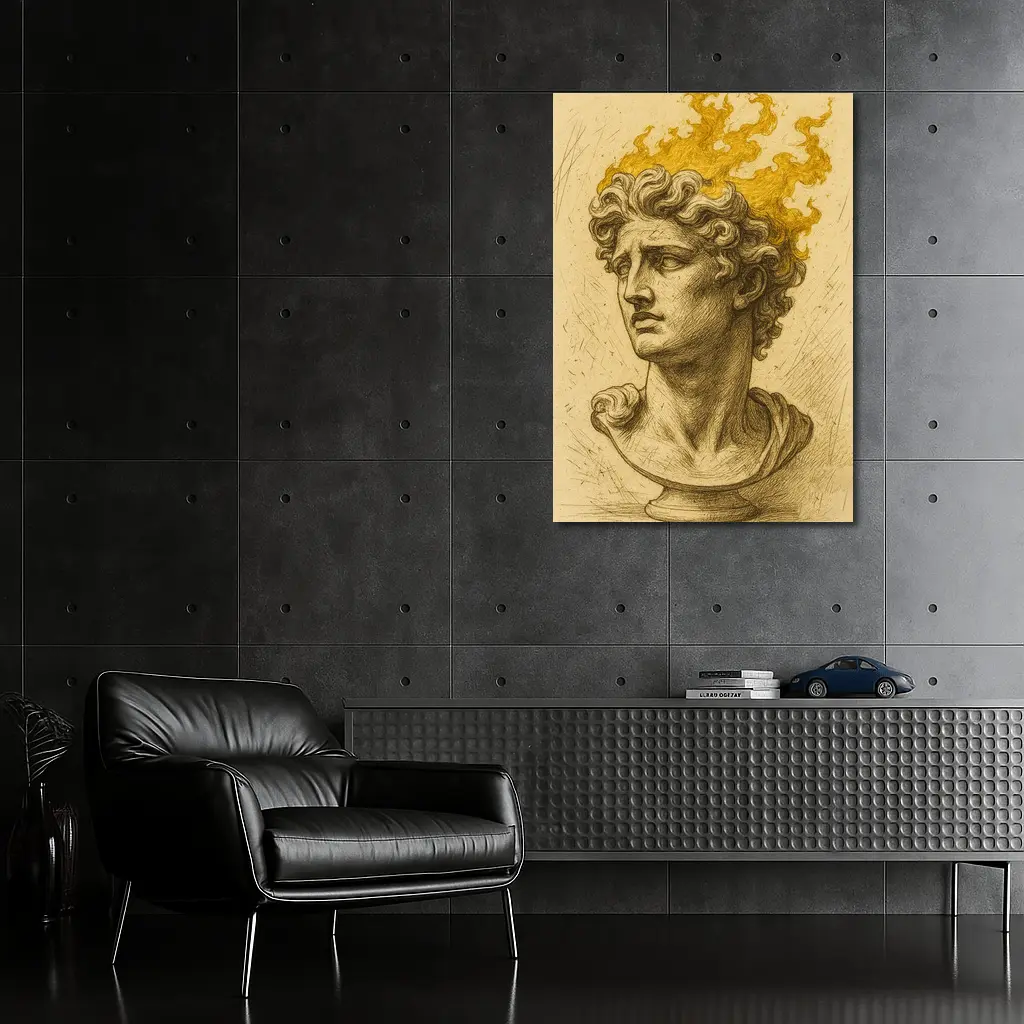 Greek Sculpture Bust With Golden Flames – Wall Art