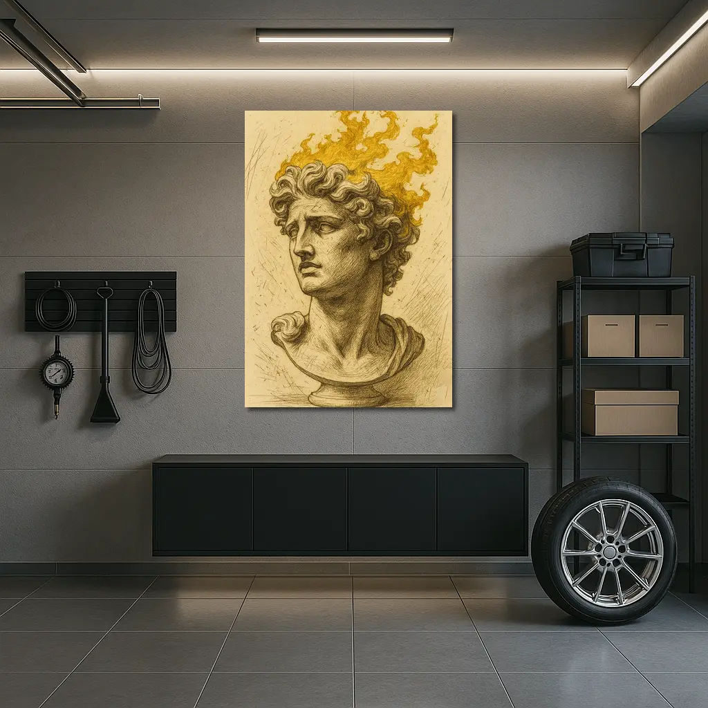 Greek Sculpture Bust With Golden Flames – Wall Art