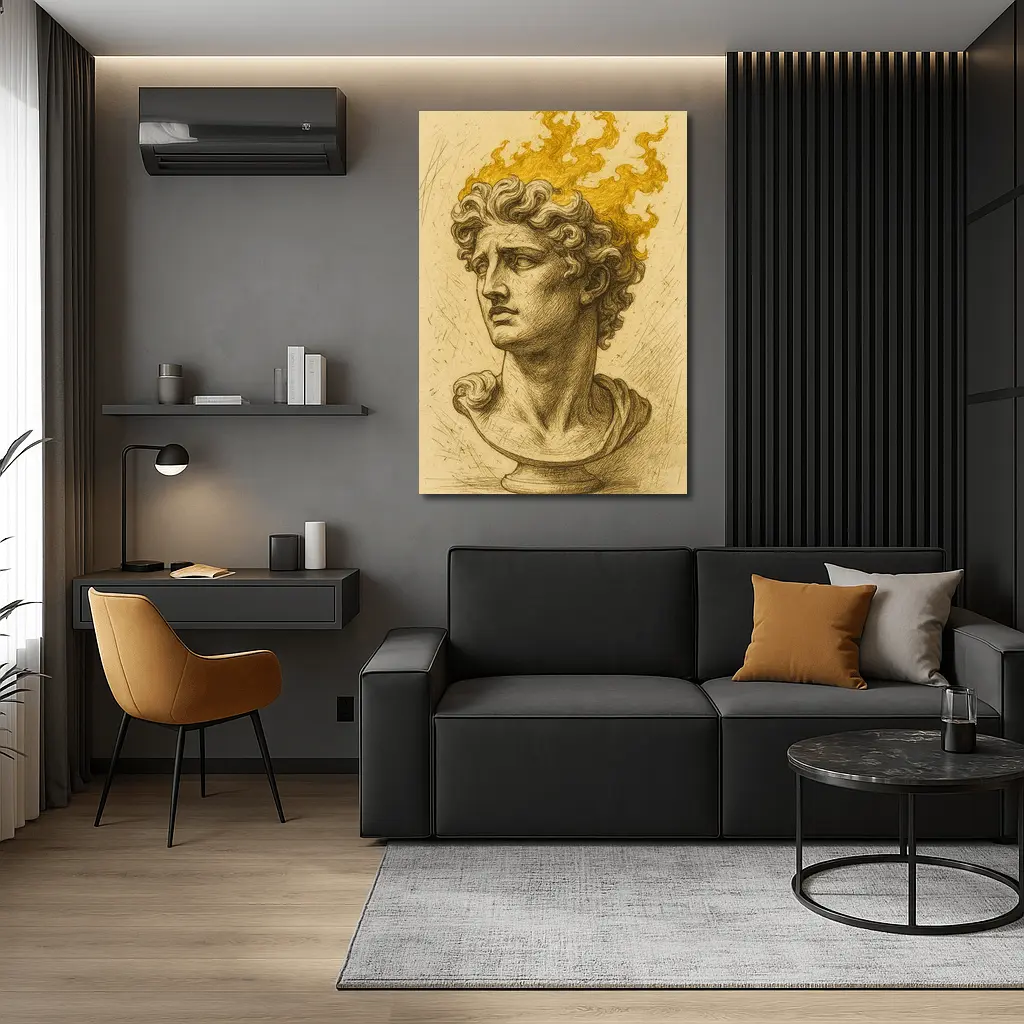 Greek Sculpture Bust With Golden Flames – Wall Art