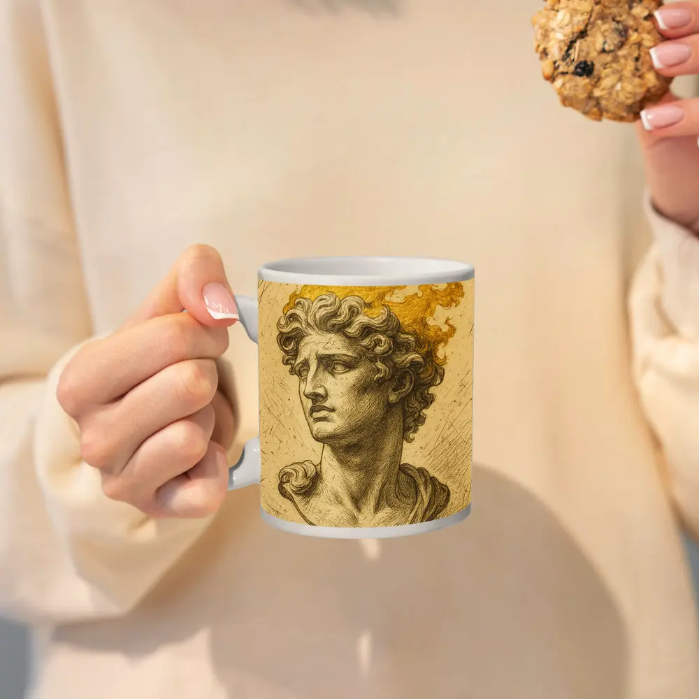 Greek Sculpture Bust With Golden Flames – Mugs