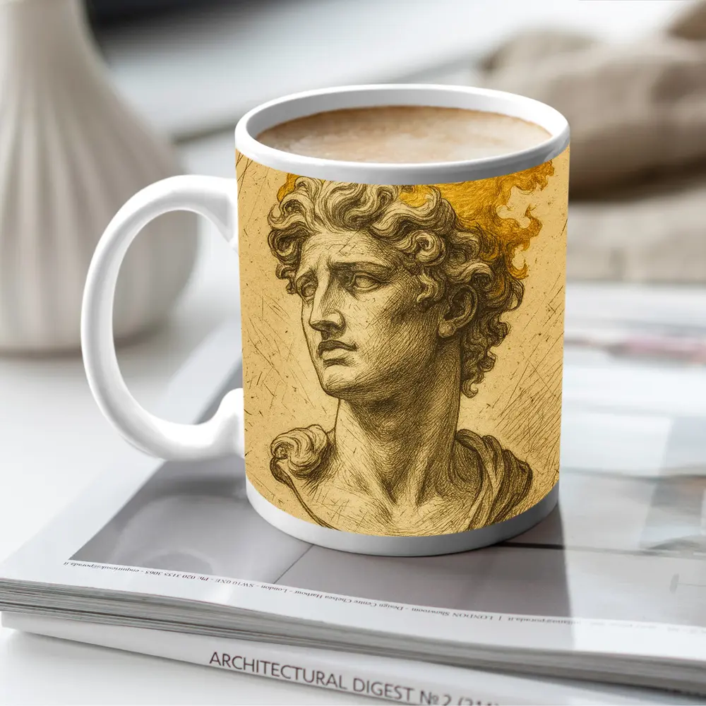Greek Sculpture Bust With Golden Flames – Mugs