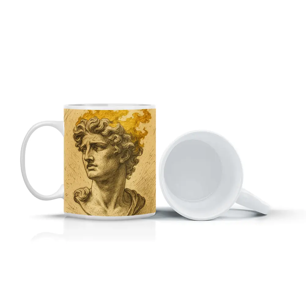 Greek Sculpture Bust With Golden Flames – Mugs
