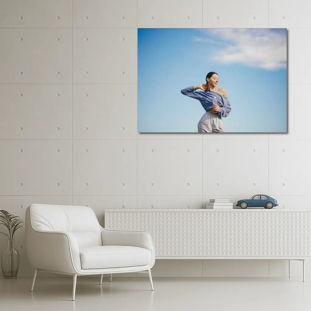 Woman Stretching Outdoors Under Blue Sky – Wall Art