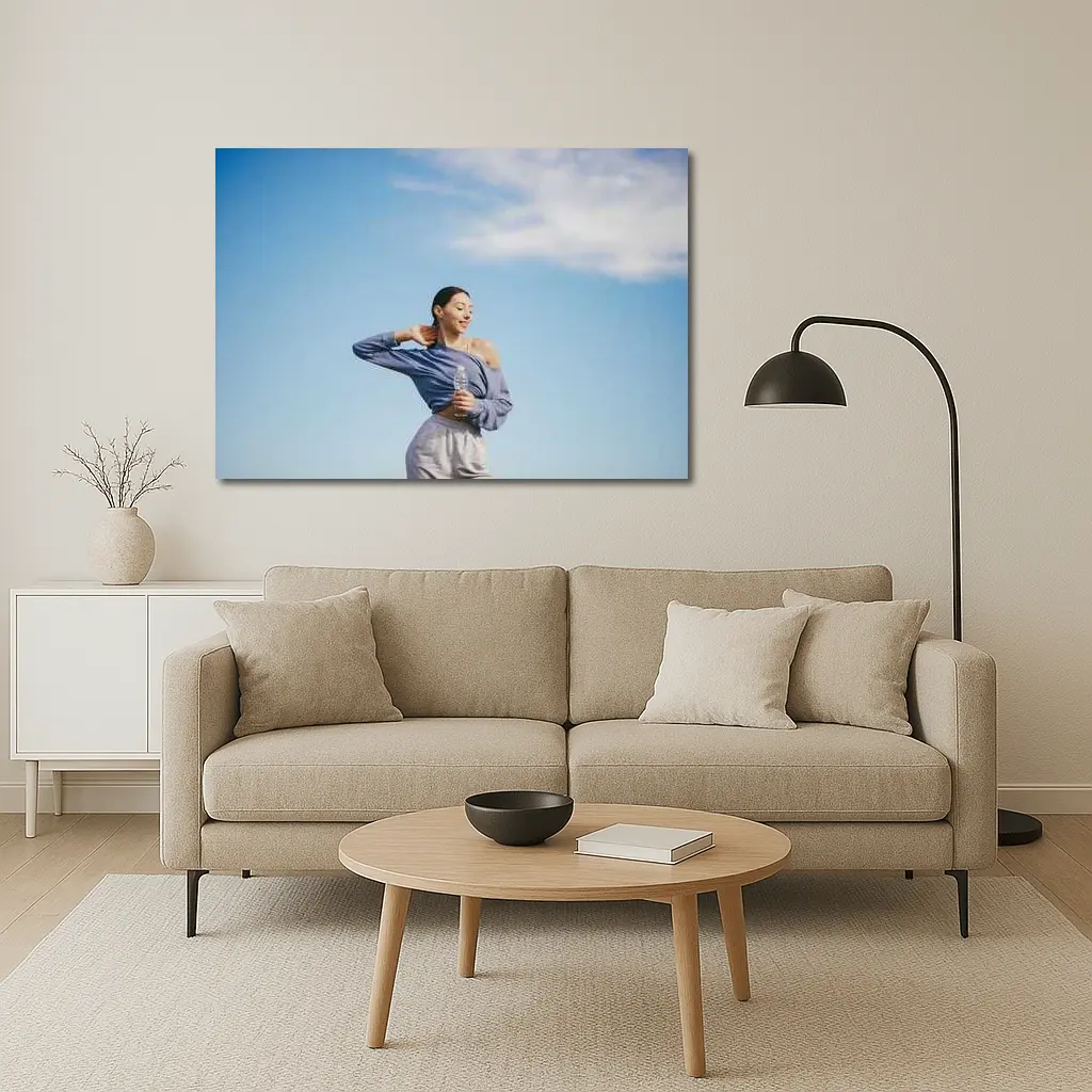 Woman Stretching Outdoors Under Blue Sky – Wall Art