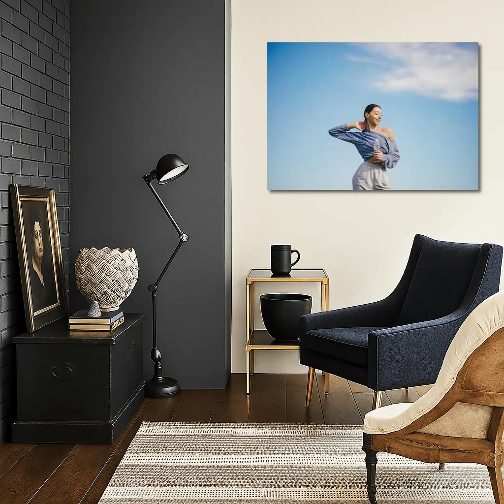 Woman Stretching Outdoors Under Blue Sky – Wall Art